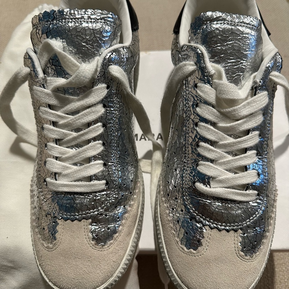Isabel Marant Silver Metallic & White Leather Sneakers